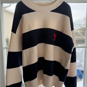 Ami Oversized Striped Crewneck Sweater in Cream & Navy with Red Heart
